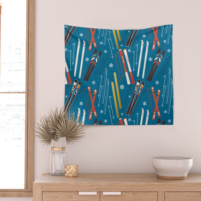 Nostalgic Winter Ski Scene Retro Holiday Pattern Wall Tapestry Gallery Image 2