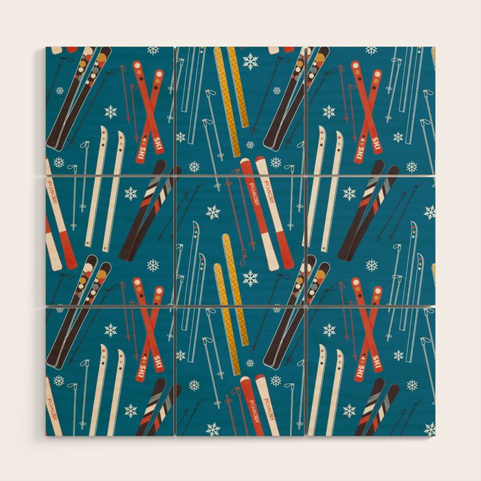Nostalgic Winter Ski Scene Retro Holiday Pattern Wood Wall Art Gallery Image 1
