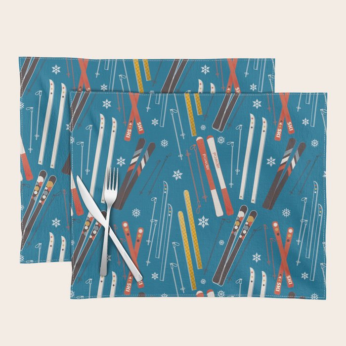 Nostalgic Winter Ski Scene Retro Holiday Pattern Placemat Gallery Image 1