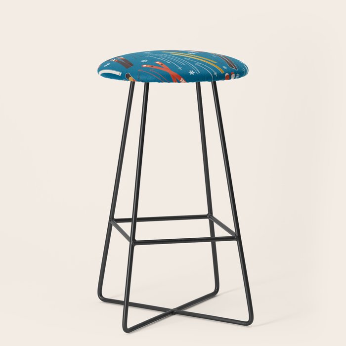 Nostalgic Winter Ski Scene Retro Holiday Pattern Stool Gallery Image 1