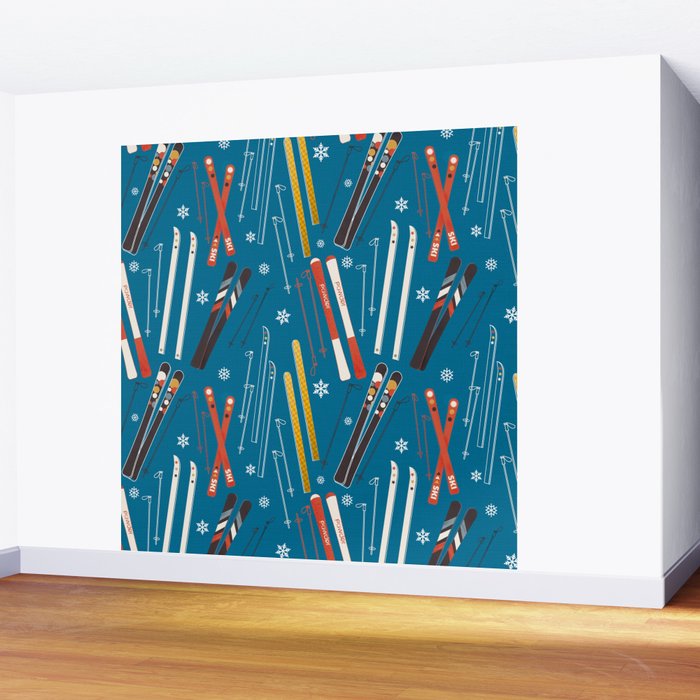Nostalgic Winter Ski Scene Retro Holiday Pattern Wall Mural Gallery Image 2