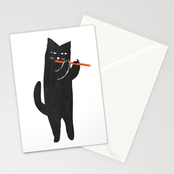 Black cat with flute Stationery Card Gallery Image 2