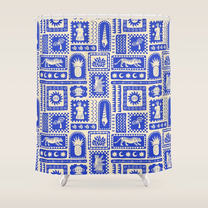 Vintage tropical summer patchwork tapestry pattern Shower Curtain Gallery Image 1