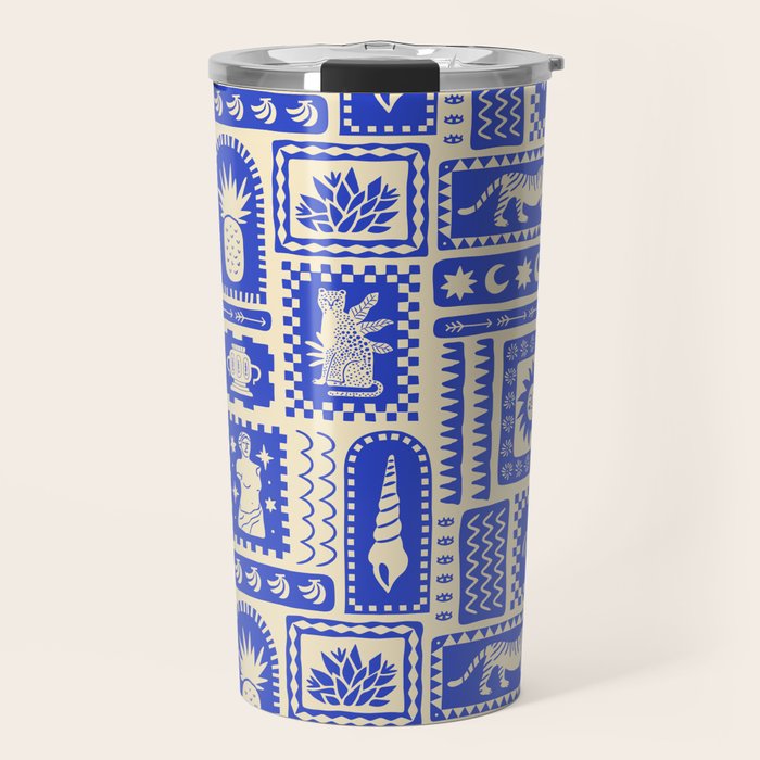 Vintage tropical summer patchwork tapestry pattern Travel Mug Gallery Image 1