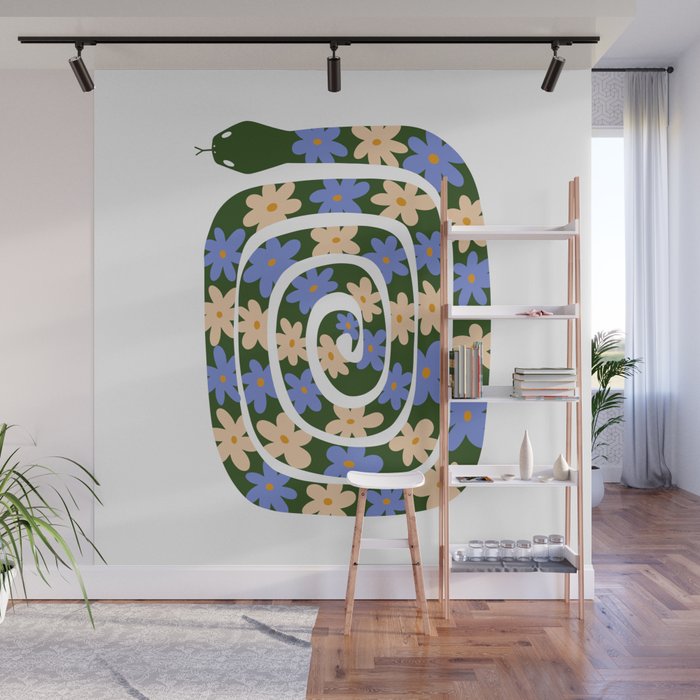 Flower Snake - Green, Blue and Off White Wall Mural Gallery Image 1