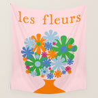 Flowers in Vase Les Fleurs Cheerful Retro Minimal Still Life Pink Tangerine Wall Tapestry Gallery Image 4