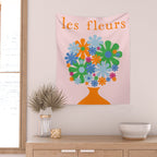 Flowers in Vase Les Fleurs Cheerful Retro Minimal Still Life Pink Tangerine Wall Tapestry Gallery Image 2