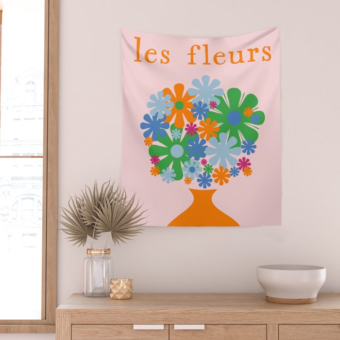 Flowers in Vase Les Fleurs Cheerful Retro Minimal Still Life Pink Tangerine Wall Tapestry Gallery Image 2