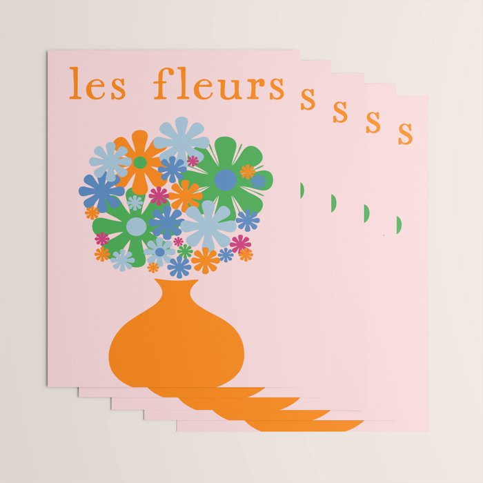 Flowers in Vase Les Fleurs Cheerful Retro Minimal Still Life Pink Tangerine Wrapping Paper Gallery Image 3