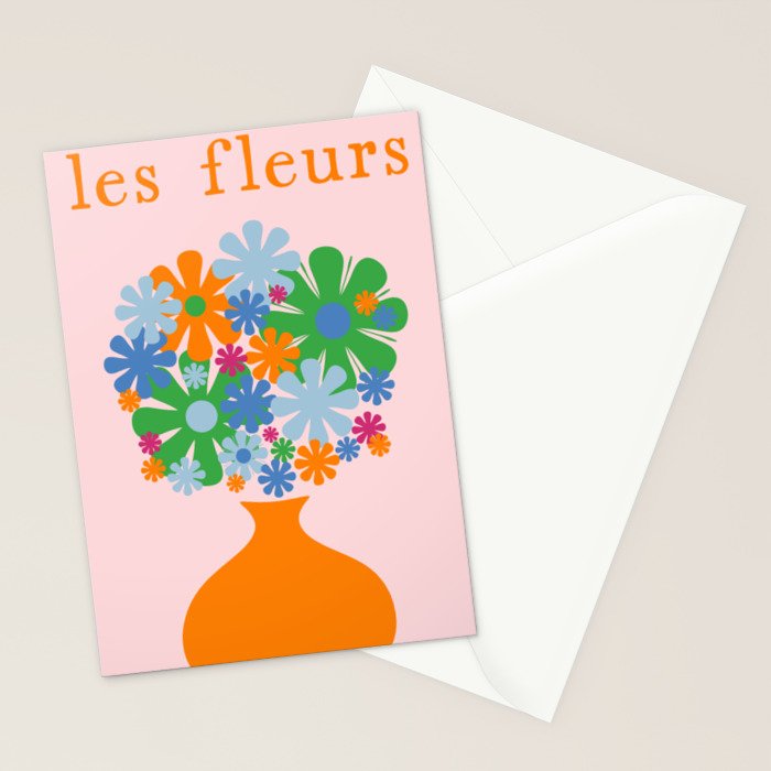 Flowers in Vase Les Fleurs Cheerful Retro Minimal Still Life Pink Tangerine Stationery Card Gallery Image 2