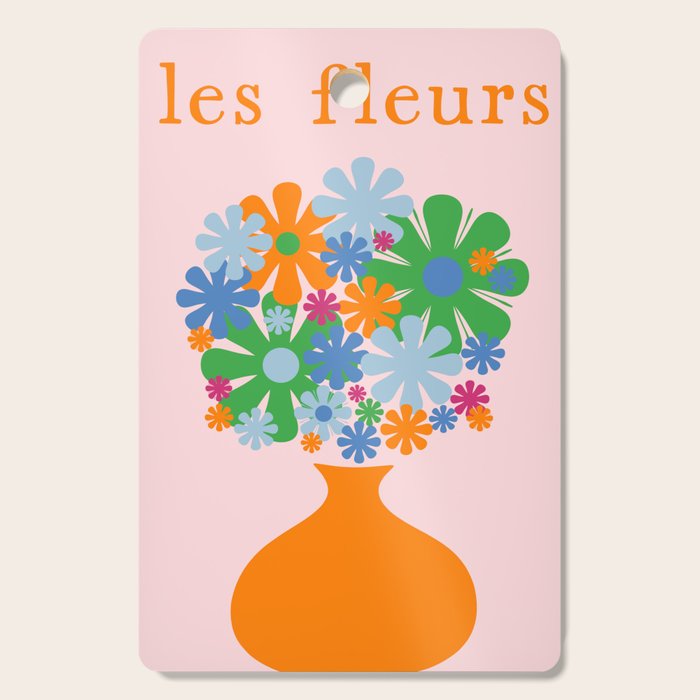 Flowers in Vase Les Fleurs Cheerful Retro Minimal Still Life Pink Tangerine Cutting Board Gallery Image 1