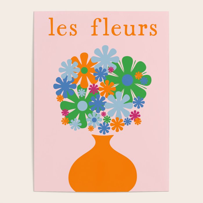 Flowers in Vase Les Fleurs Cheerful Retro Minimal Still Life Pink Tangerine Poster Gallery Image 4