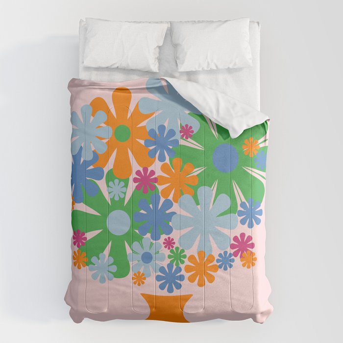 Flowers in Vase Les Fleurs Cheerful Retro Minimal Still Life Pink Tangerine Comforter Gallery Image 1