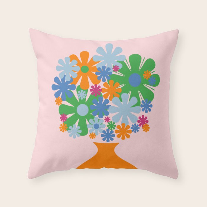 Flowers in Vase Les Fleurs Cheerful Retro Minimal Still Life Pink Tangerine Throw Pillow Gallery Image 1