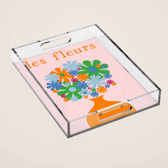 Flowers in Vase Les Fleurs Cheerful Retro Minimal Still Life Pink Tangerine Acrylic Tray Gallery Image 1