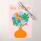 Flowers in Vase Les Fleurs Cheerful Retro Minimal Still Life Pink Tangerine Wrapping Paper Gallery Image 1