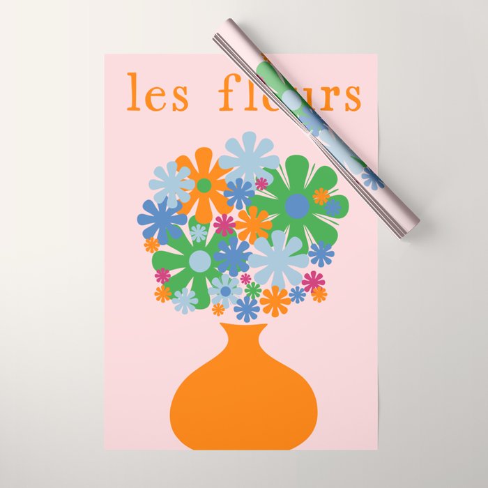 Flowers in Vase Les Fleurs Cheerful Retro Minimal Still Life Pink Tangerine Wrapping Paper Gallery Image 1