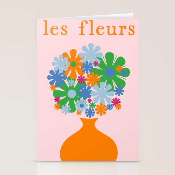 Flowers in Vase Les Fleurs Cheerful Retro Minimal Still Life Pink Tangerine Stationery Card Gallery Image 2