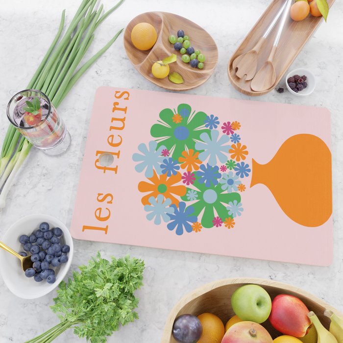 Flowers in Vase Les Fleurs Cheerful Retro Minimal Still Life Pink Tangerine Cutting Board Gallery Image 2