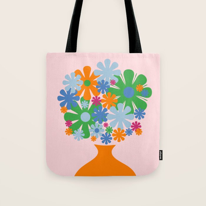 Flowers in Vase Les Fleurs Cheerful Retro Minimal Still Life Pink Tangerine Tote Bag Gallery Image 1