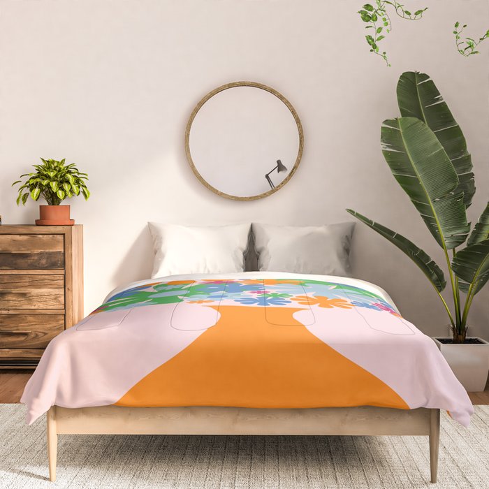 Flowers in Vase Les Fleurs Cheerful Retro Minimal Still Life Pink Tangerine Comforter Gallery Image 3
