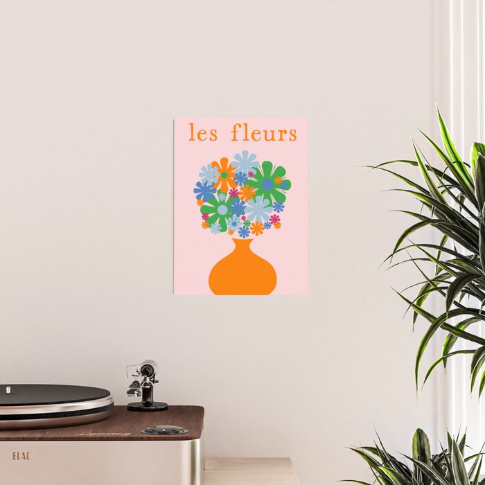 Flowers in Vase Les Fleurs Cheerful Retro Minimal Still Life Pink Tangerine Poster Gallery Image 2