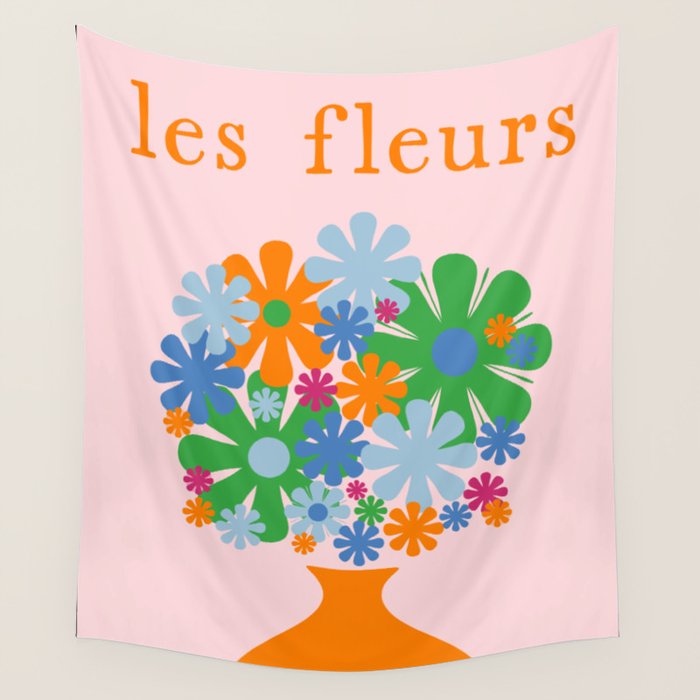 Flowers in Vase Les Fleurs Cheerful Retro Minimal Still Life Pink Tangerine Wall Tapestry Gallery Image 1