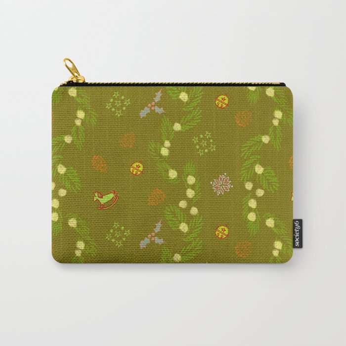 Whimsical Tiny Toys & Pine Branches in Green Carry All Pouch Gallery Image 1