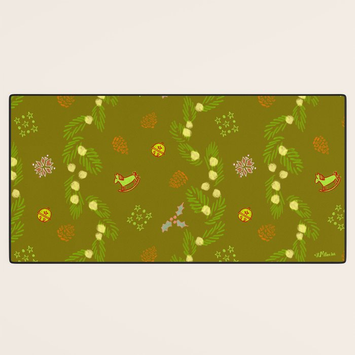 Whimsical Tiny Toys & Pine Branches in Green Desk Mat Gallery Image 3