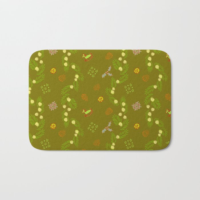 Whimsical Tiny Toys & Pine Branches in Green Bath Mat Gallery Image 1