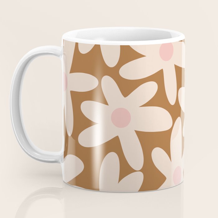 Daisy Time Retro Floral Pattern in Chocolate Brown and Blush Coffee Mug Gallery Image 3