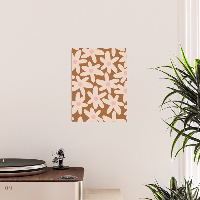 Daisy Time Retro Floral Pattern in Chocolate Brown and Blush Poster Gallery Image 2