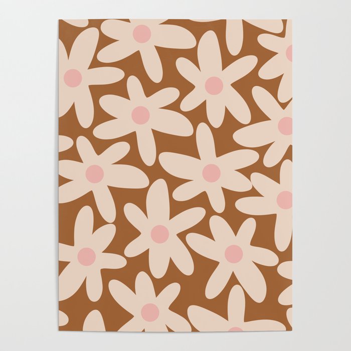 Daisy Time Retro Floral Pattern in Chocolate Brown and Blush Poster Gallery Image 4