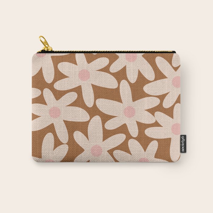Daisy Time Retro Floral Pattern in Chocolate Brown and Blush Carry All Pouch Gallery Image 1