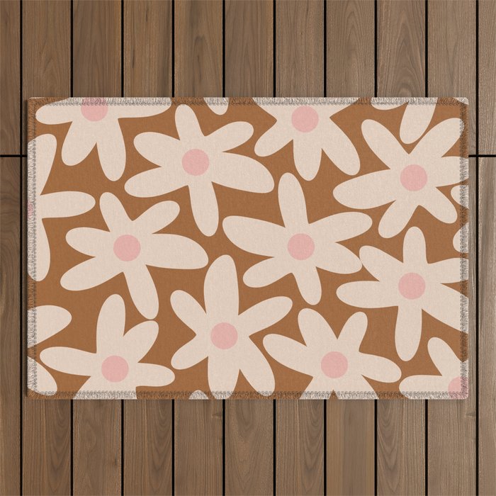Daisy Time Retro Floral Pattern in Chocolate Brown and Blush Outdoor Rug Gallery Image 1