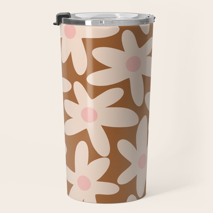 Daisy Time Retro Floral Pattern in Chocolate Brown and Blush Travel Mug Gallery Image 3