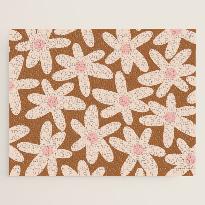Daisy Time Retro Floral Pattern in Chocolate Brown and Blush Jigsaw Puzzle Gallery Image 1