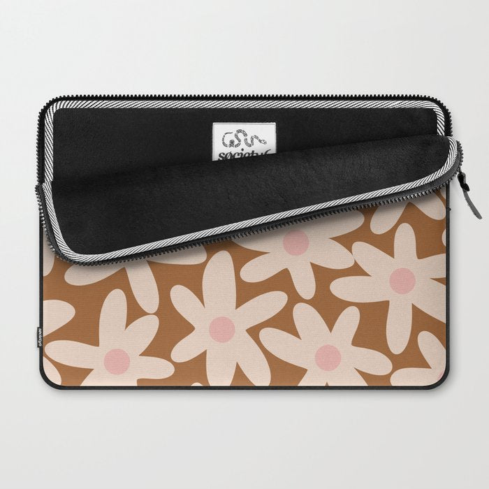 Daisy Time Retro Floral Pattern in Chocolate Brown and Blush Laptop Sleeve Gallery Image 2