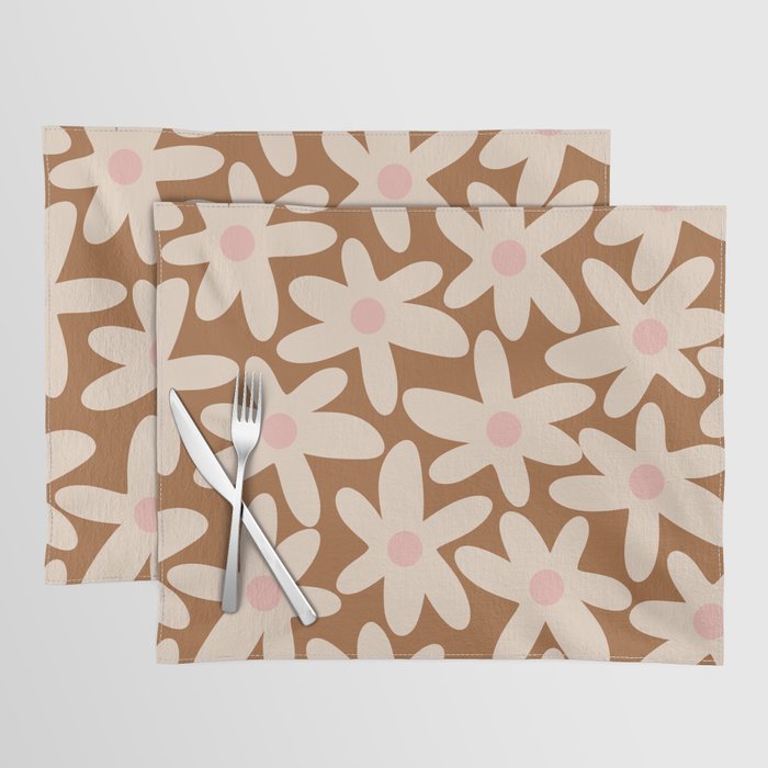 Daisy Time Retro Floral Pattern in Chocolate Brown and Blush Placemat Gallery Image 1