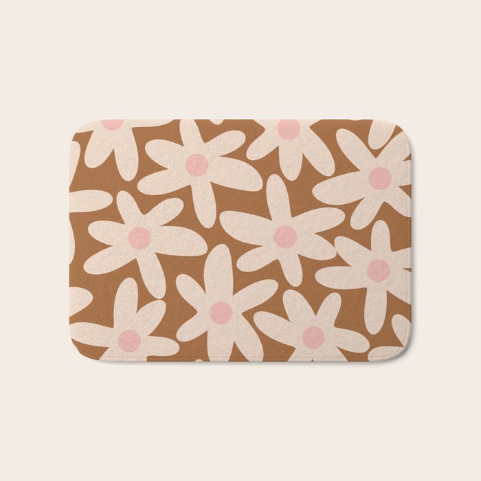 Daisy Time Retro Floral Pattern in Chocolate Brown and Blush Bath Mat Gallery Image 1