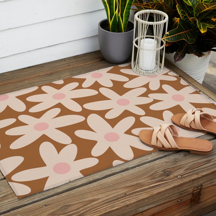 Daisy Time Retro Floral Pattern in Chocolate Brown and Blush Outdoor Rug Gallery Image 2