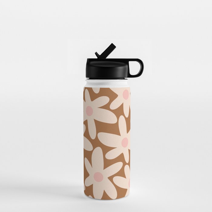 Daisy Time Retro Floral Pattern in Chocolate Brown and Blush Water Bottle Gallery Image 1