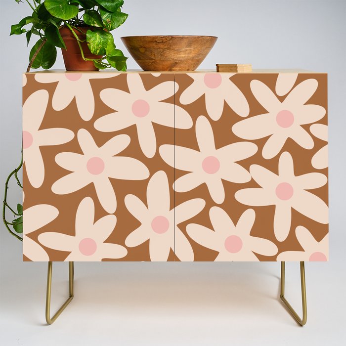 Daisy Time Retro Floral Pattern in Chocolate Brown and Blush Credenza Gallery Image 1