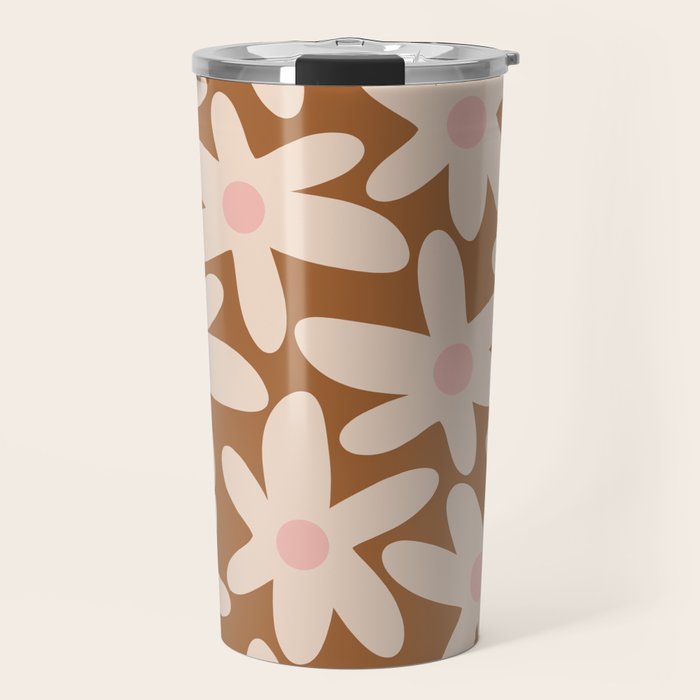 Daisy Time Retro Floral Pattern in Chocolate Brown and Blush Travel Mug Gallery Image 1