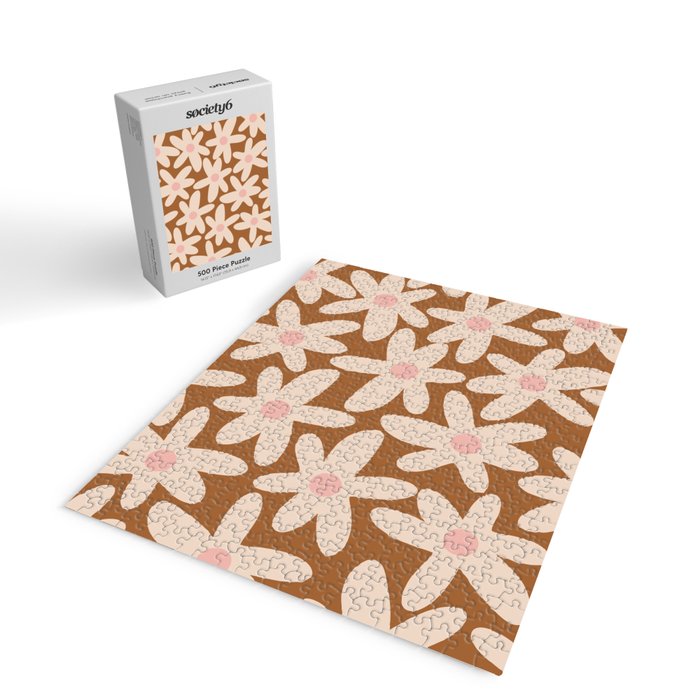 Daisy Time Retro Floral Pattern in Chocolate Brown and Blush Jigsaw Puzzle Gallery Image 2