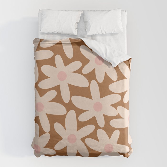 Daisy Time Retro Floral Pattern in Chocolate Brown and Blush Duvet Cover Gallery Image 6