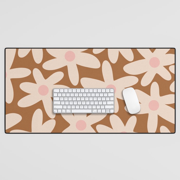 Daisy Time Retro Floral Pattern in Chocolate Brown and Blush Desk Mat Gallery Image 1