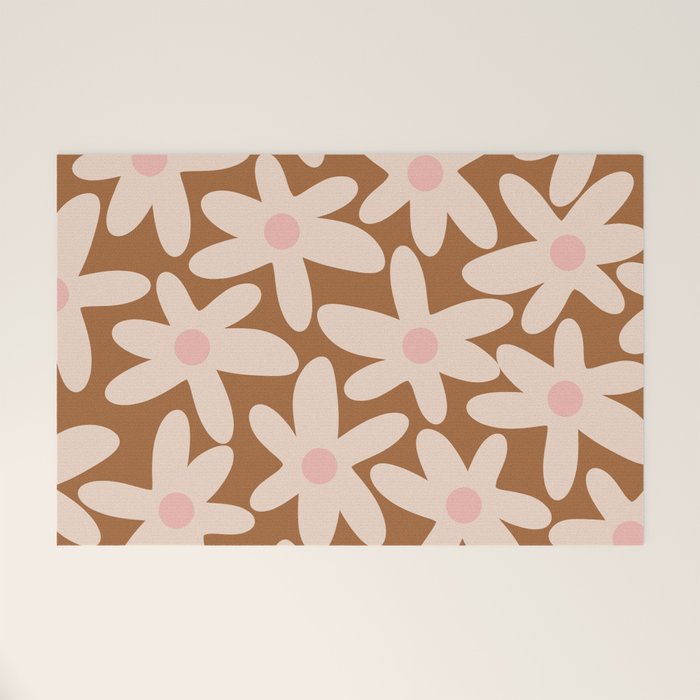 Daisy Time Retro Floral Pattern in Chocolate Brown and Blush Welcome Mat Gallery Image 1