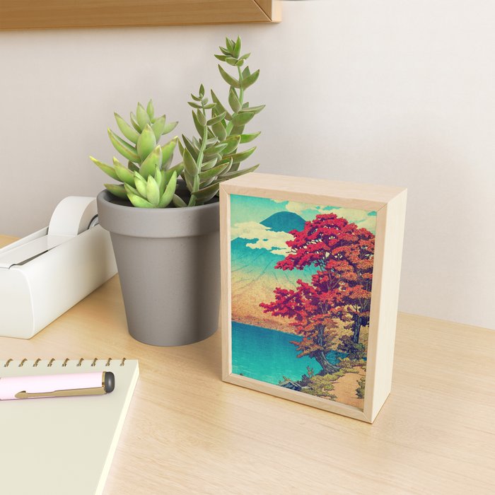 The New Year in Hisseii - Autumn Tree & Mountain by the Ocean Ukiyoe Nature Landscape in Red & Blue Mini Art Print Gallery Image 2