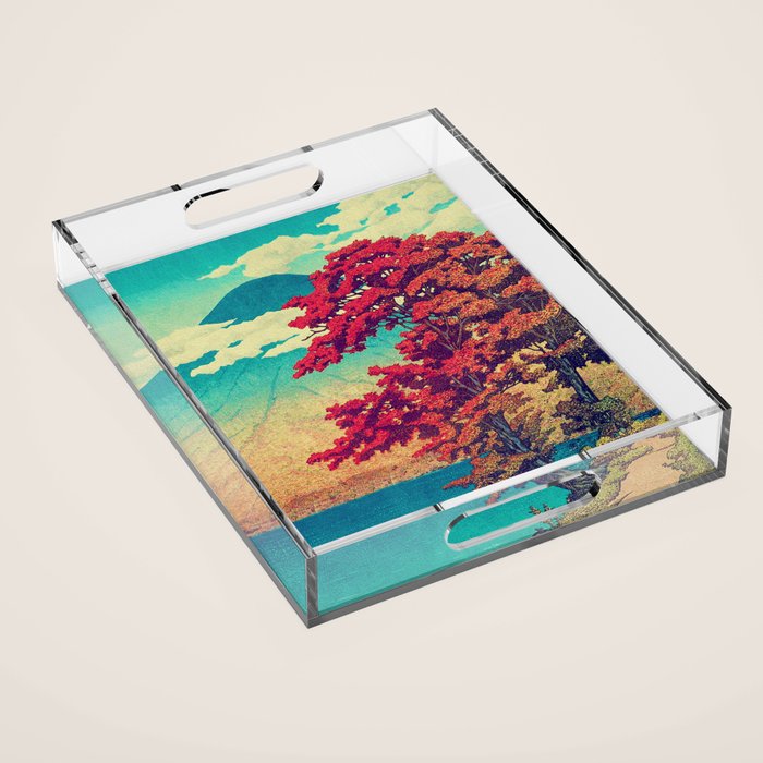 The New Year in Hisseii - Autumn Tree & Mountain by the Ocean Ukiyoe Nature Landscape in Red & Blue Acrylic Tray Gallery Image 1